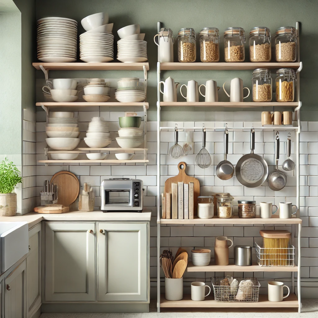 Kitchen organizer rack increasing vertical storage in a small kitchen