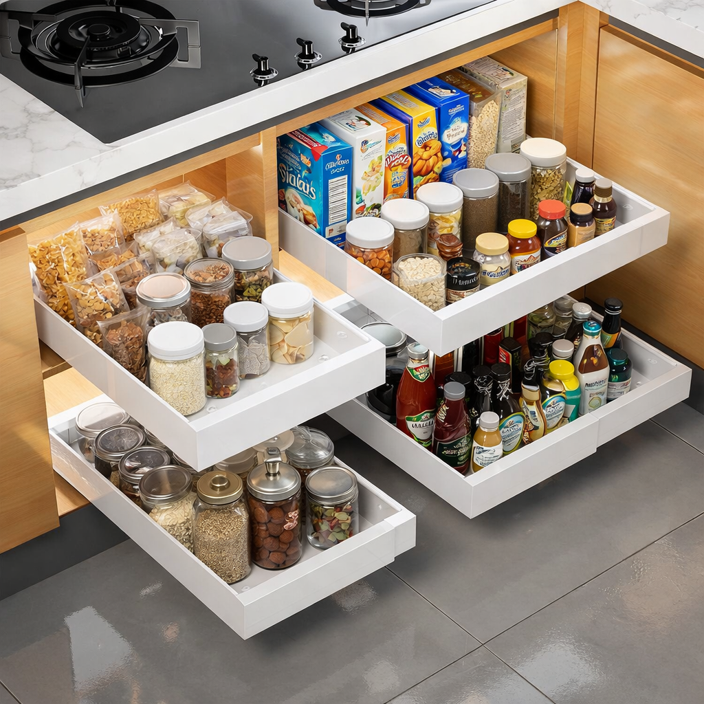 Pull out cabinet organizer shelf