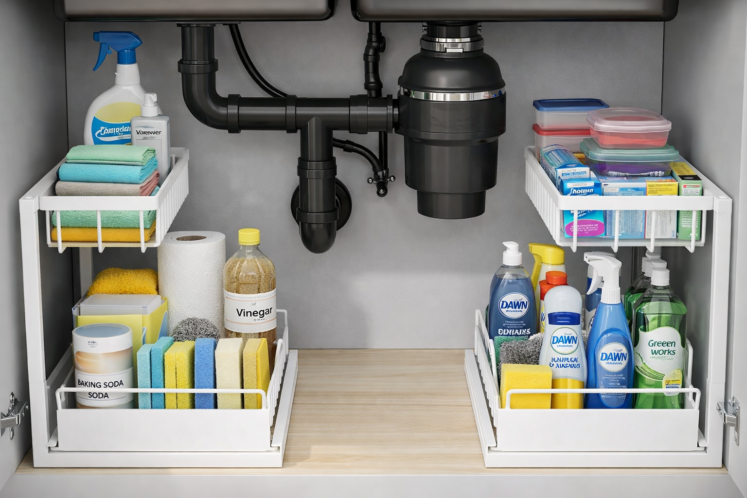 Under sink organizer with plumbing space