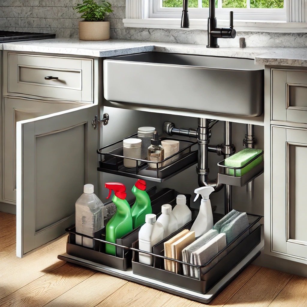 Under sink organizer with two-tier storage system