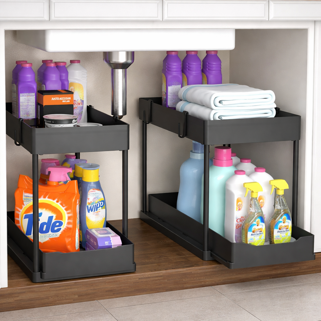 2-pack under sink organizers with sliding drawer