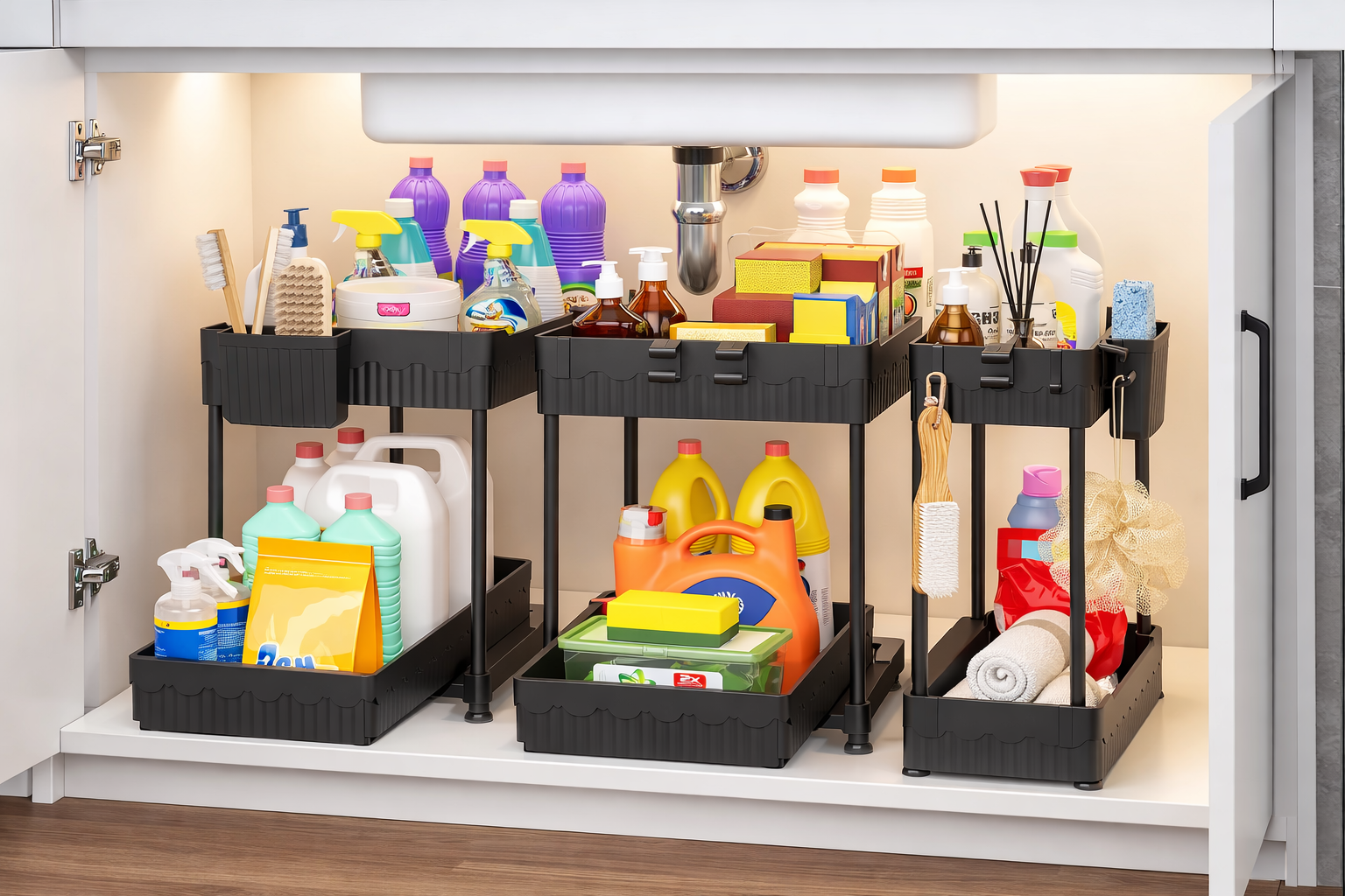 3 pack under sink organizer set with hooks and cups