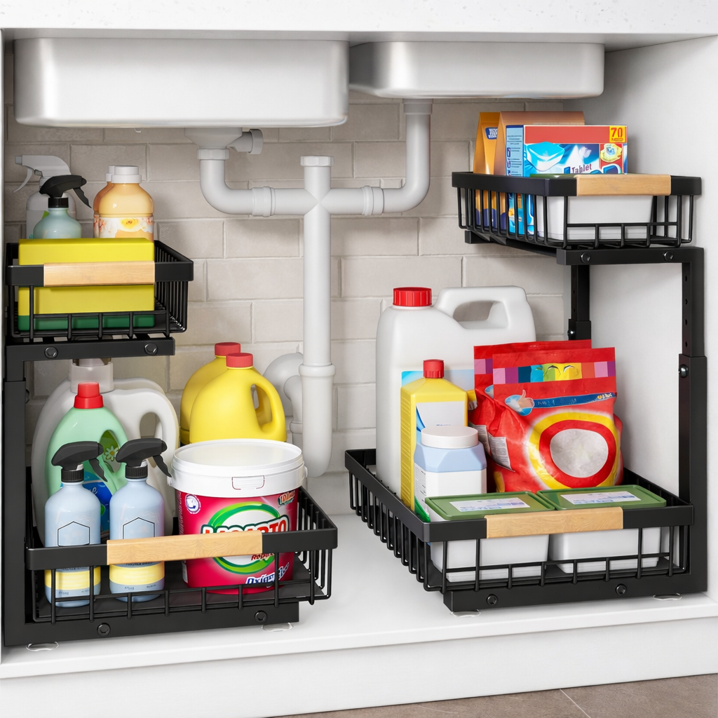 2 pack two tier under sink organizer with sliding drawer