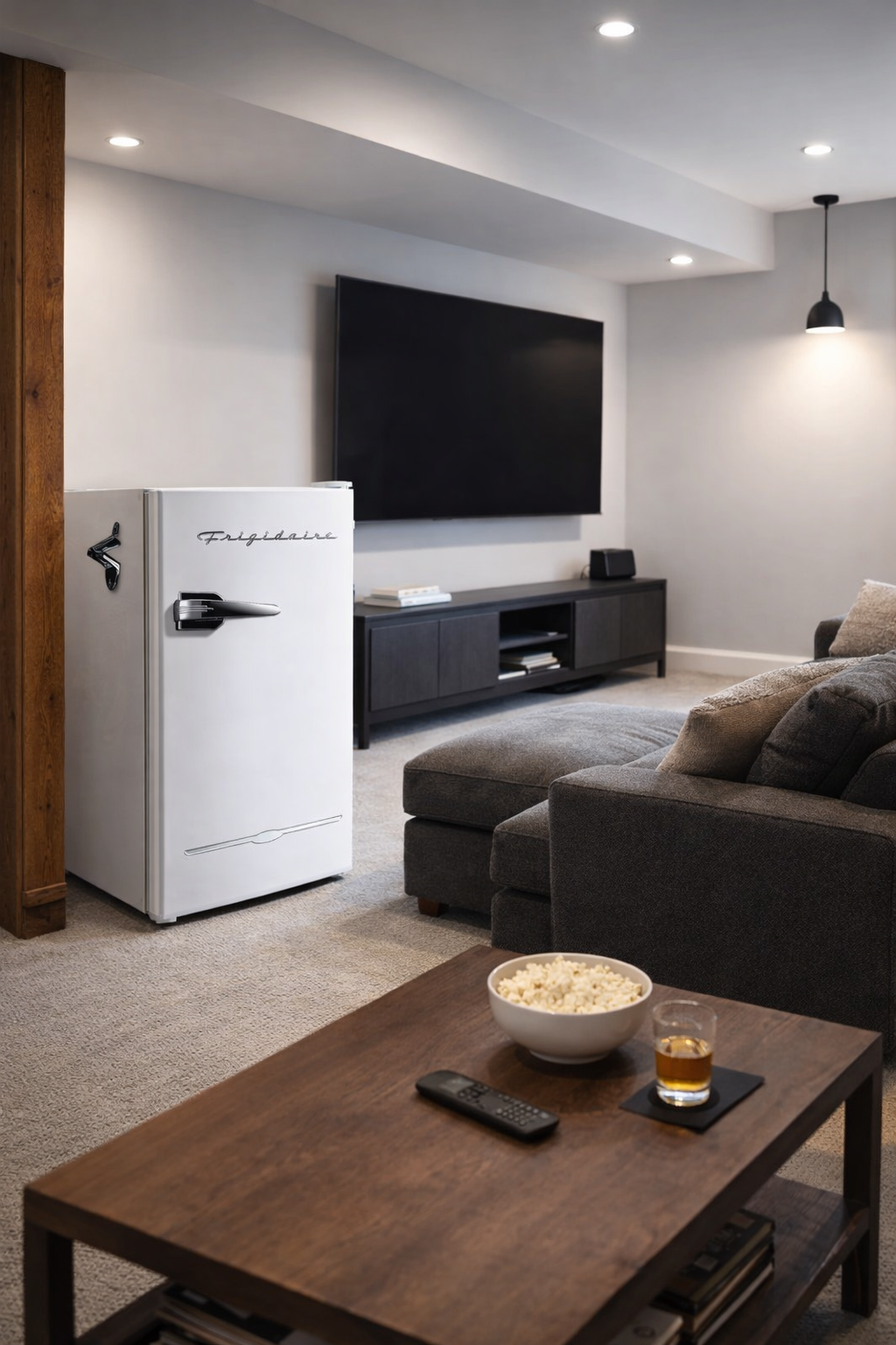 Mini fridge in a basement movie room