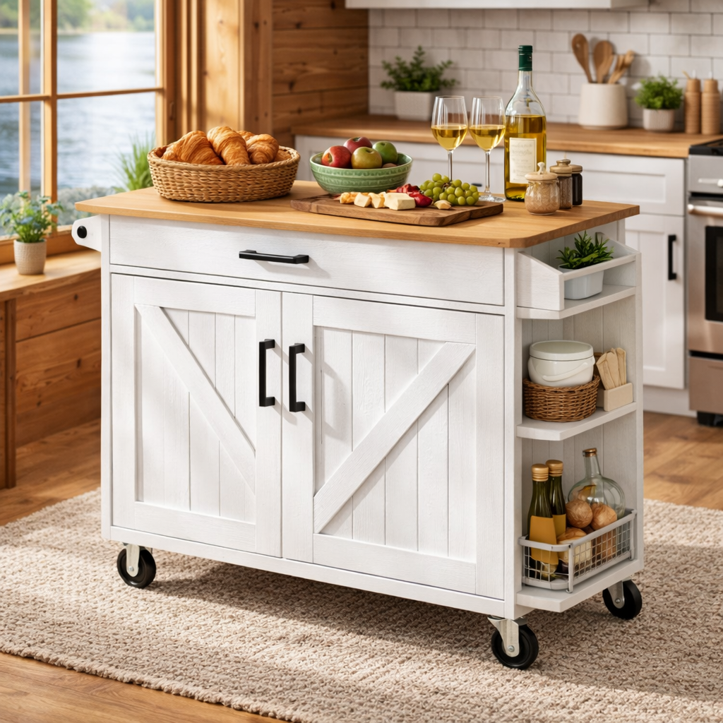 Compact kitchen island in a cozy cottage kitchen