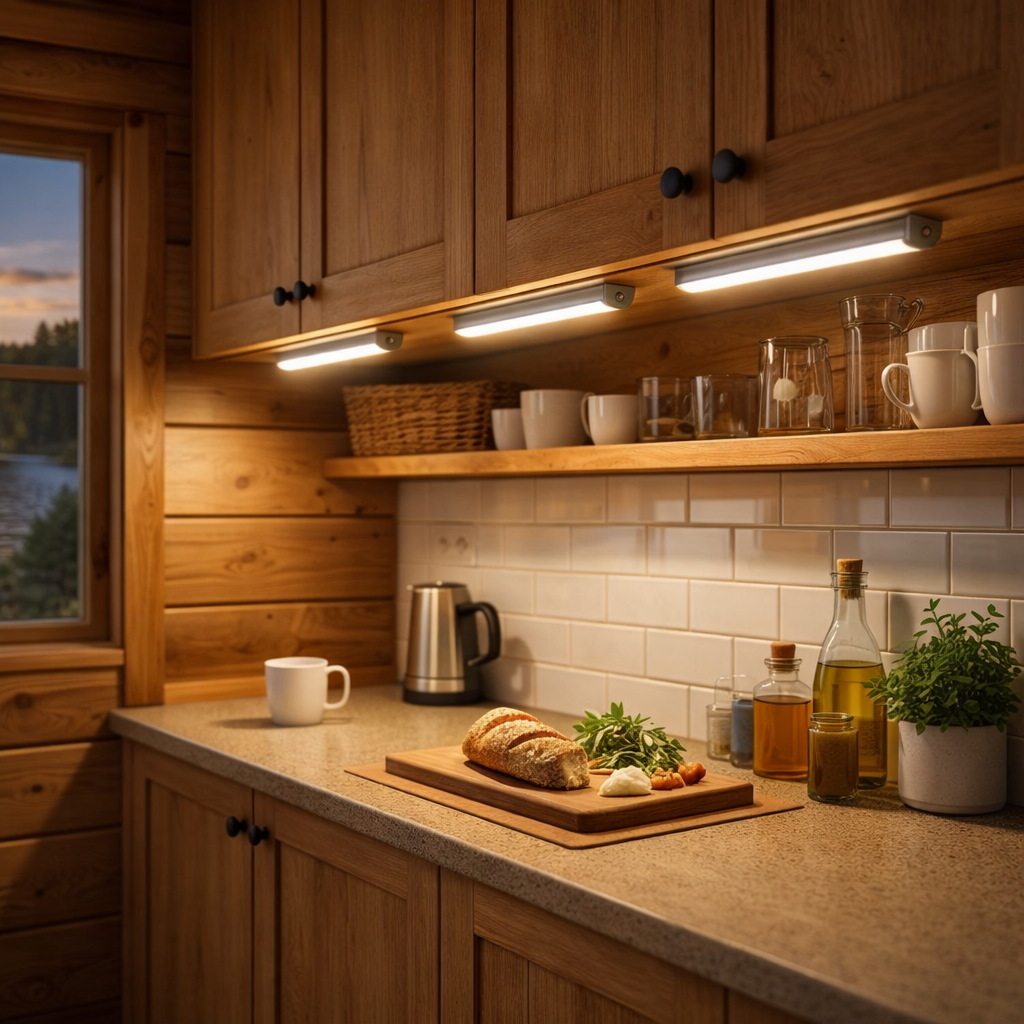 Rechargeable under cabinet LED lighting in cottage kitchen