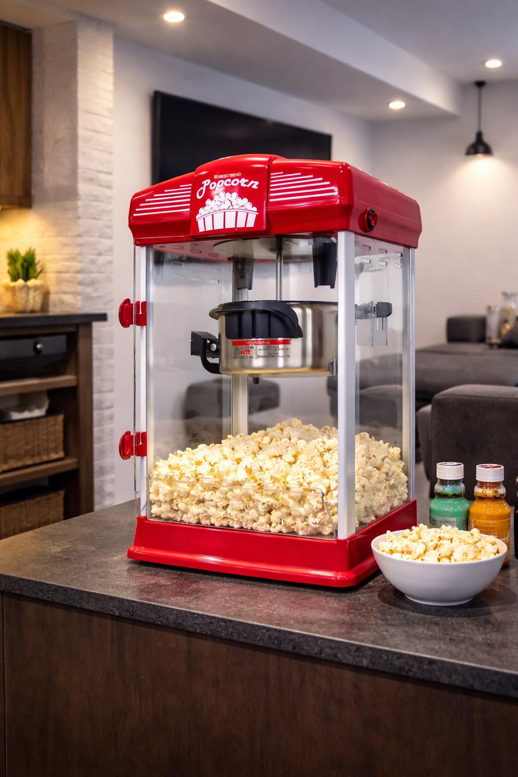 Popcorn machine in a basement movie room